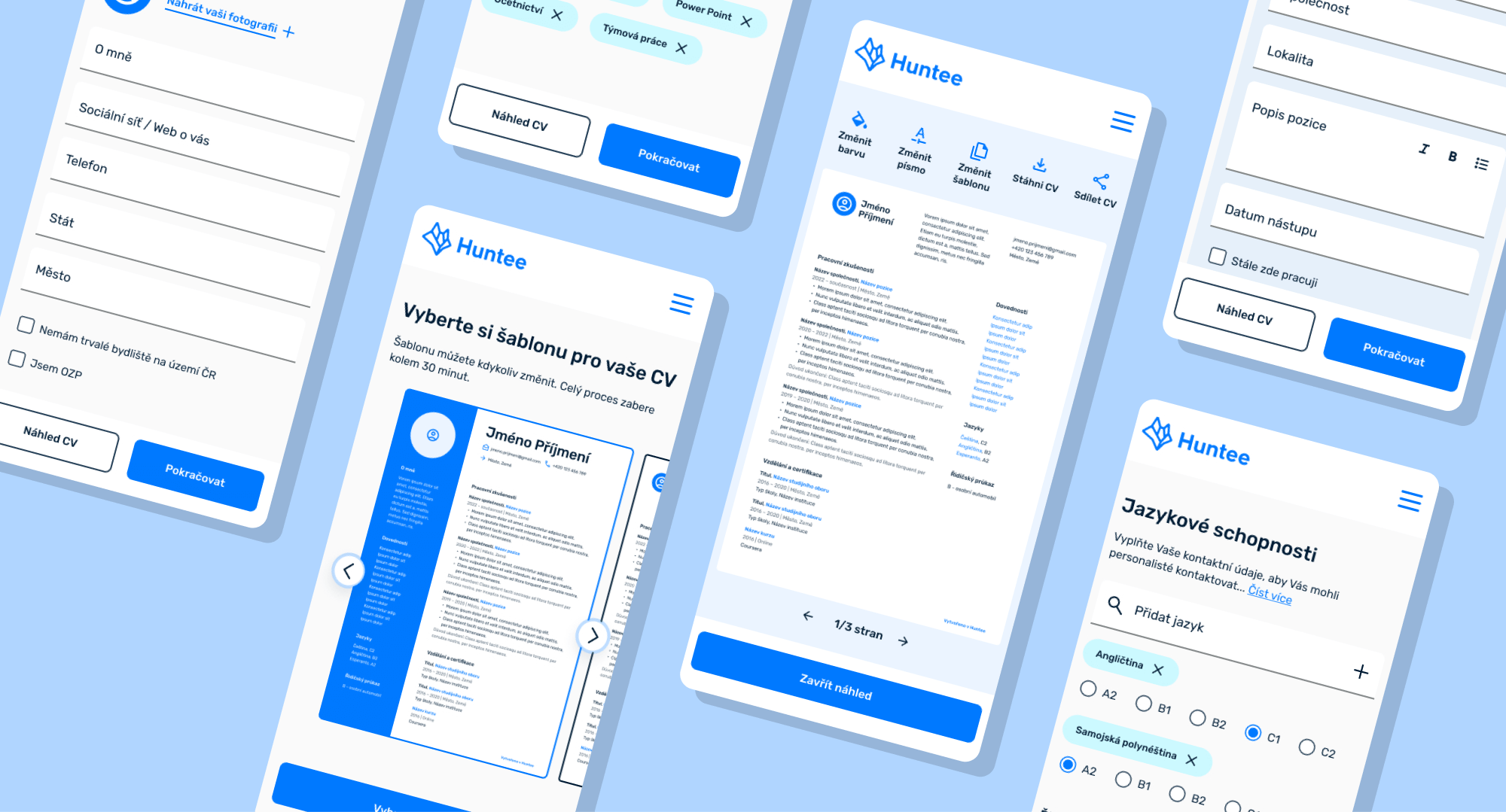 Example of various mobile screens for Huntee