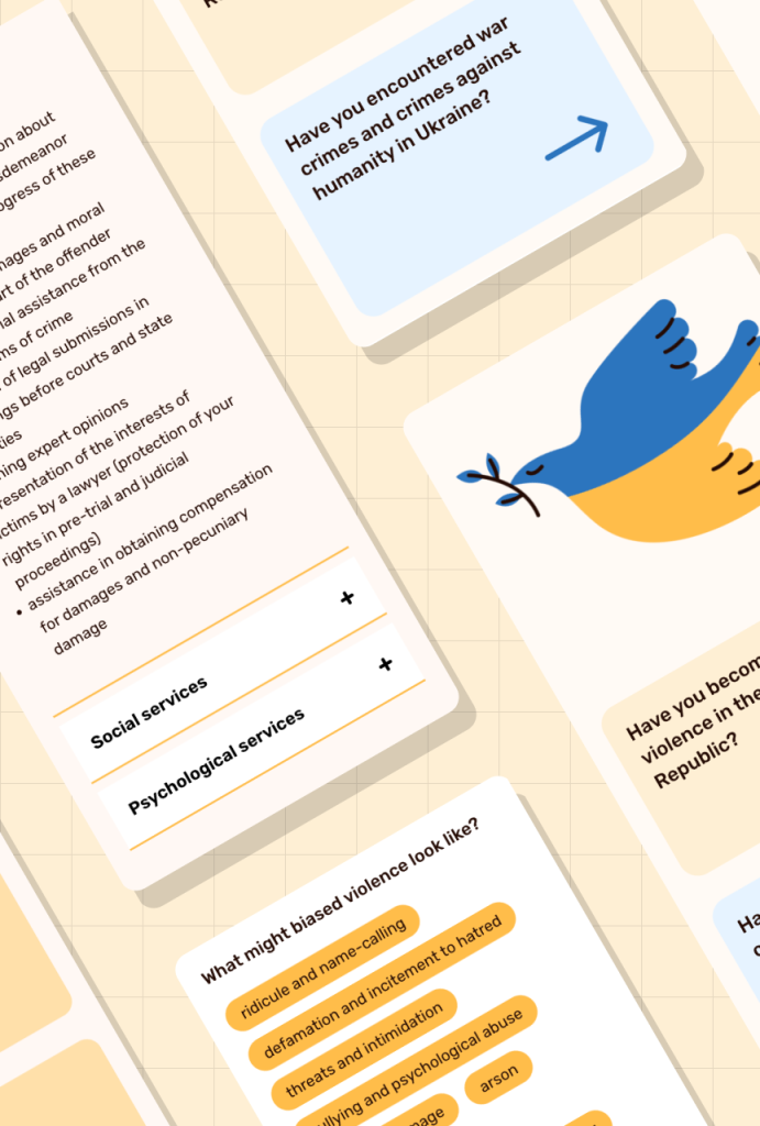 Various screens of the website covering the topic of bias violence and victims of violence